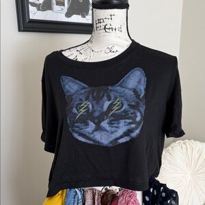 Black Crop Top with Blue Cat Graphic